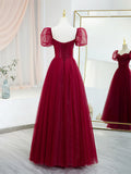Burgundy Tulle Beaded Long Prom Dress, A-Line Short Sleeve Evening Dress HZ1024