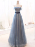Blue Tulle Long Prom Dress, A-Line Strapless Evening Party Dress HZ1024