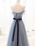 Blue Tulle Long Prom Dress, A-Line Strapless Evening Party Dress HZ1024