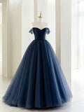 Off the Shoulder Tulle Long Prom Dress, A-Line Blue Formal Evening Dress HZ1024