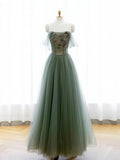 A-Line Green Tulle Long Prom Dress, Off the Shoulder Evening Party Dress HZ1024
