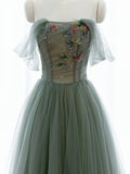 A-Line Green Tulle Long Prom Dress, Off the Shoulder Evening Party Dress HZ1024