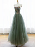 A-Line Green Tulle Long Prom Dress, Off the Shoulder Evening Party Dress HZ1024