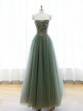 A-Line Green Tulle Long Prom Dress, Off the Shoulder Evening Party Dress HZ1024