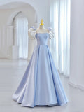 Blue Short Sleeve Saitn Formal Evening Dress, Cute A-Line Junior Prom Dress HZ1024