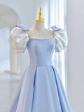 Blue Short Sleeve Saitn Formal Evening Dress, Cute A-Line Junior Prom Dress HZ1024
