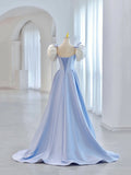 Blue Short Sleeve Saitn Formal Evening Dress, Cute A-Line Junior Prom Dress HZ1024