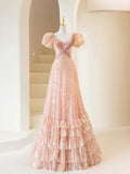 Pink Sequins Long Prom Dress, Lovely A-Line Short Sleeve Evening Party Dress HZ1024