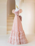Pink Sequins Long Prom Dress, Lovely A-Line Short Sleeve Evening Party Dress HZ1024