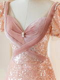 Pink Sequins Long Prom Dress, Lovely A-Line Short Sleeve Evening Party Dress HZ1024