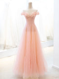 Pink Tulle Sequins Long Prom Dress, A-Line Lovely Evening Party Dress HZ1024