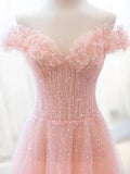 Pink Tulle Sequins Long Prom Dress, A-Line Lovely Evening Party Dress HZ1024