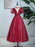 Burgundy Tulle Sequins Tea Length Prom Dress, A-Line Evening Party Dress HZ1024
