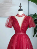 Burgundy Tulle Sequins Tea Length Prom Dress, A-Line Evening Party Dress HZ1024