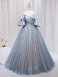 Blue Puff Sleeve Long A-Line Prom Dress, Off the Shoulder Formal Evening Dress HZ1024