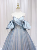 Blue Puff Sleeve Long A-Line Prom Dress, Off the Shoulder Formal Evening Dress HZ1024
