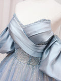 Blue Puff Sleeve Long A-Line Prom Dress, Off the Shoulder Formal Evening Dress HZ1024