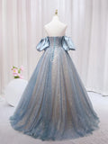 Blue Puff Sleeve Long A-Line Prom Dress, Off the Shoulder Formal Evening Dress HZ1024