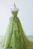 Green Spaghetti Strap Tulle Long Formal Evening Dress, Green A-Line Prom Dress HZ1024