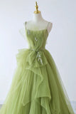 Green Spaghetti Strap Tulle Long Formal Evening Dress, Green A-Line Prom Dress HZ1024