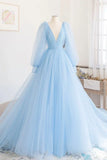 Blue V-Neck Tulle Long Prom Dress, Long Sleeve A-Line Evening Party Dress HZ1024