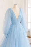 Blue V-Neck Tulle Long Prom Dress, Long Sleeve A-Line Evening Party Dress HZ1024