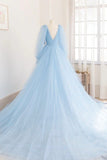 Blue V-Neck Tulle Long Prom Dress, Long Sleeve A-Line Evening Party Dress HZ1024