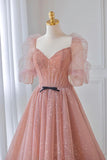 Pink Tulle Floor Length Prom Dress, Lovely Short Sleeve Graduation Party Dress HZ1024