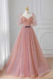 Pink Tulle Floor Length Prom Dress, Lovely Short Sleeve Graduation Party Dress HZ1024