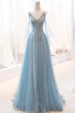 Blue Spaghetti Strap Tulle Long Prom Dress, V-Neck Evening Party Dress HZ1024