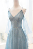 Blue Spaghetti Strap Tulle Long Prom Dress, V-Neck Evening Party Dress HZ1024