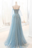 Blue Spaghetti Strap Tulle Long Prom Dress, V-Neck Evening Party Dress HZ1024