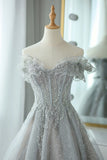 Gray Tulle Sequins Long Prom Dress, Off the Shoulder Evening Dress HZ1024