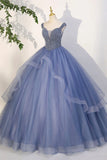 Blue Beaded Tulle Long A-Line Prom Dress, Blue Formal Evening Dress HZ1024
