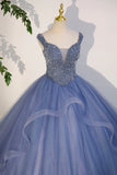 Blue Beaded Tulle Long A-Line Prom Dress, Blue Formal Evening Dress HZ1024