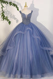 Blue Beaded Tulle Long A-Line Prom Dress, Blue Formal Evening Dress HZ1024