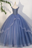Blue Beaded Tulle Long A-Line Prom Dress, Blue Formal Evening Dress HZ1024