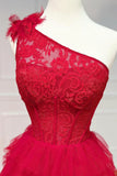 Red Tulle Lace Long Prom Dresses, One Shoulder Evening Dresses HZ1024