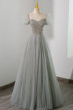 Gray Tulle Beading Long Prom Dress, A-Line Short Sleeve Evening Dress HZ1024