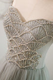Gray Tulle Beading Long Prom Dress, A-Line Short Sleeve Evening Dress HZ1024
