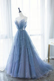 Blue Tulle Long A-Line Prom Dresses, Blue Evening Dresses with Beaded HZ1024