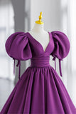 Purple Puff Sleeves Satin Long Prom Dress, V-Neck Evening Dress HZ1024