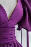 Purple Puff Sleeves Satin Long Prom Dress, V-Neck Evening Dress HZ1024