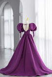Purple Puff Sleeves Satin Long Prom Dress, V-Neck Evening Dress HZ1024
