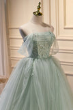 Green Tulle Beaded Ball Gown Off Shoulder Party Dress, Green Sweet 16 Dress HZ1024