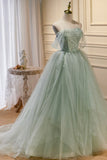 Green Tulle Beaded Ball Gown Off Shoulder Party Dress, Green Sweet 16 Dress HZ1024