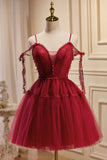 Burgundy Lace Short A-line Prom Dress, Cute Spaghetti Strap Party Dress HZ1024