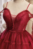 Burgundy Lace Short A-line Prom Dress, Cute Spaghetti Strap Party Dress HZ1024