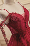 Burgundy Lace Short A-line Prom Dress, Cute Spaghetti Strap Party Dress HZ1024