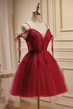 Burgundy Lace Short A-line Prom Dress, Cute Spaghetti Strap Party Dress HZ1024